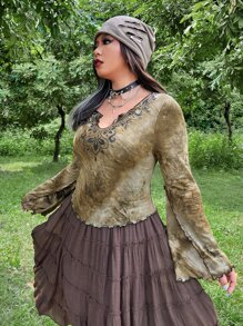 ROMWE PUNK 大碼花卉圖案紮染木耳邊荷葉袖T恤不附腰帶 - 彩色 - 查看 5