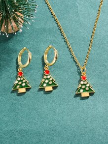 Collar con colgante Navidad con diamante de imitación árbol con pendientes largos - Multicolor - Ver 1