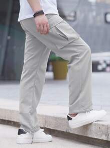 Manfinity Homme 男士翻盖口袋抽绳腰工装裤，男士工装裤，宽松工装裤，Manfinity 工装裤，男士工装裤 - 淺灰色 - 查看 2
