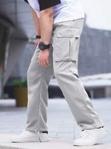 Manfinity Homme 男士翻盖口袋抽绳腰工装裤，男士工装裤，宽松工装裤，Manfinity 工装裤，男士工装裤 - 淺灰色 - 查看 3