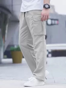 Manfinity Homme 男士翻盖口袋抽绳腰工装裤，男士工装裤，宽松工装裤，Manfinity 工装裤，男士工装裤 - 淺灰色 - 查看 4