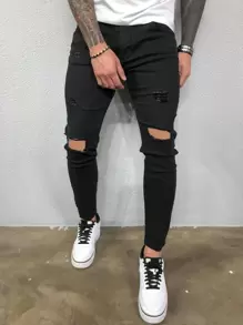 ROMWE MEN Men Cotton Ripped Jeans - Black - View 1