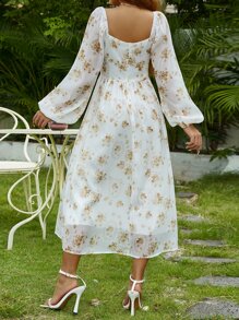 SHEIN VCAY 滿版印花燈籠袖胸部褶皺雪紡連衣裙 - 白色 - 查看 2