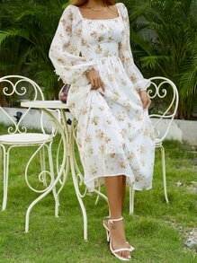 SHEIN VCAY 滿版印花燈籠袖胸部褶皺雪紡連衣裙 - 白色 - 查看 3