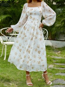 SHEIN VCAY 滿版印花燈籠袖胸部褶皺雪紡連衣裙 - 白色 - 查看 4