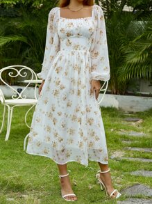 SHEIN VCAY 滿版印花燈籠袖胸部褶皺雪紡連衣裙 - 白色 - 查看 5