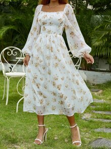 SHEIN VCAY 滿版印花燈籠袖胸部褶皺雪紡連衣裙 - 白色 - 查看 6