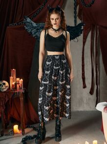 ROMWE Goth 素色蕾絲拼接交叉吊帶短上衣 - 黑色 - 查看 4