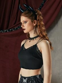 ROMWE Goth 素色蕾絲拼接交叉吊帶短上衣 - 黑色 - 查看 3