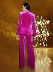 SHEIN BAE Single Button Velvet Blazer & Wide Leg Pants