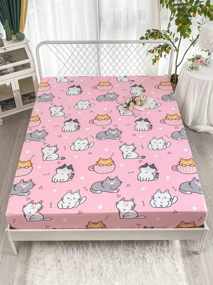 Cartoon Cat Pattern Fitted Sheet - Multicolor - View 1