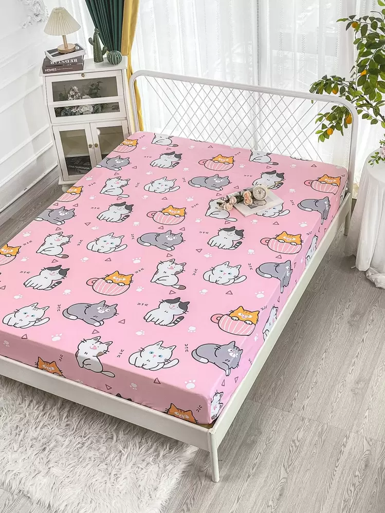 Cartoon Cat Pattern Fitted Sheet - Multicolor - View 8