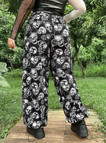 ROMWE PUNK 大碼骷髅頭圖案闊腿褲