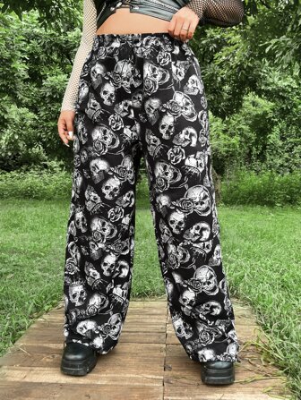 Plus Skull Print Wide Leg Pants