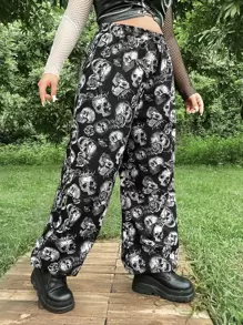 ROMWE PUNK 大碼骷髅頭圖案闊腿褲