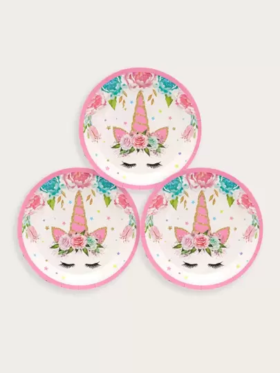 12入組獨角獸和花卉圖案一次性盤子