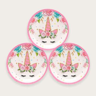 12入組獨角獸和花卉圖案一次性盤子