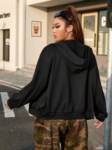 SHEIN Coolane بلوزة رياضية مقاس كبير مزينة برسمة فراشة من الراين مع سحاب وأكمام متدلية وسير خصر قابل للسحب - الأسود - مشاهدة 2