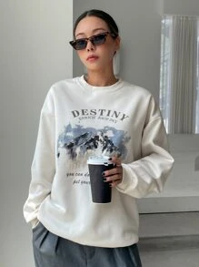 DAZY 山與標語圖案落肩袖保暖套頭衫