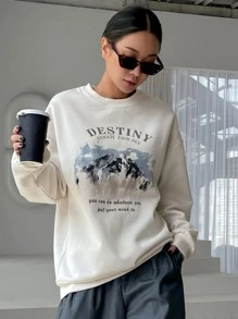 DAZY 山與標語圖案落肩袖保暖套頭衫