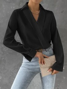 BizChic Chất rắn Xếp nếp Áo sơ mi Trang phục làm việc - màu đen - Xem 4