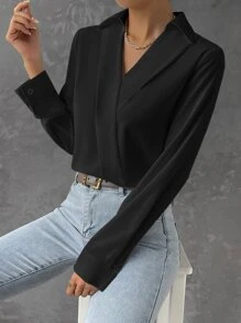 BizChic Chất rắn Xếp nếp Áo sơ mi Trang phục làm việc - màu đen - Xem 5