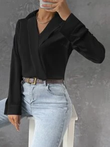 BizChic Chất rắn Xếp nếp Áo sơ mi Trang phục làm việc - màu đen - Xem 7