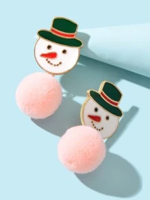 Snowman & Pompom Drop Earrings - Pink - View 3