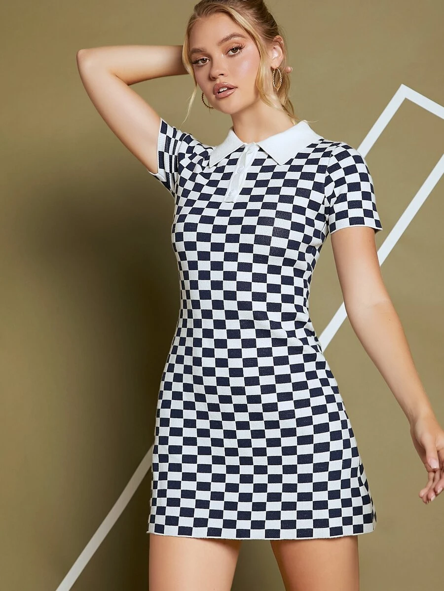 SHEIN Checkered Pattern Polo Neck Jumper Dress - Blue and White - View 1