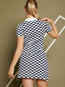 SHEIN Checkered Pattern Polo Neck Jumper Dress - Blue and White - View 2