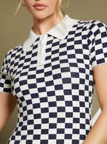 SHEIN Checkered Pattern Polo Neck Jumper Dress - Blue and White - View 4