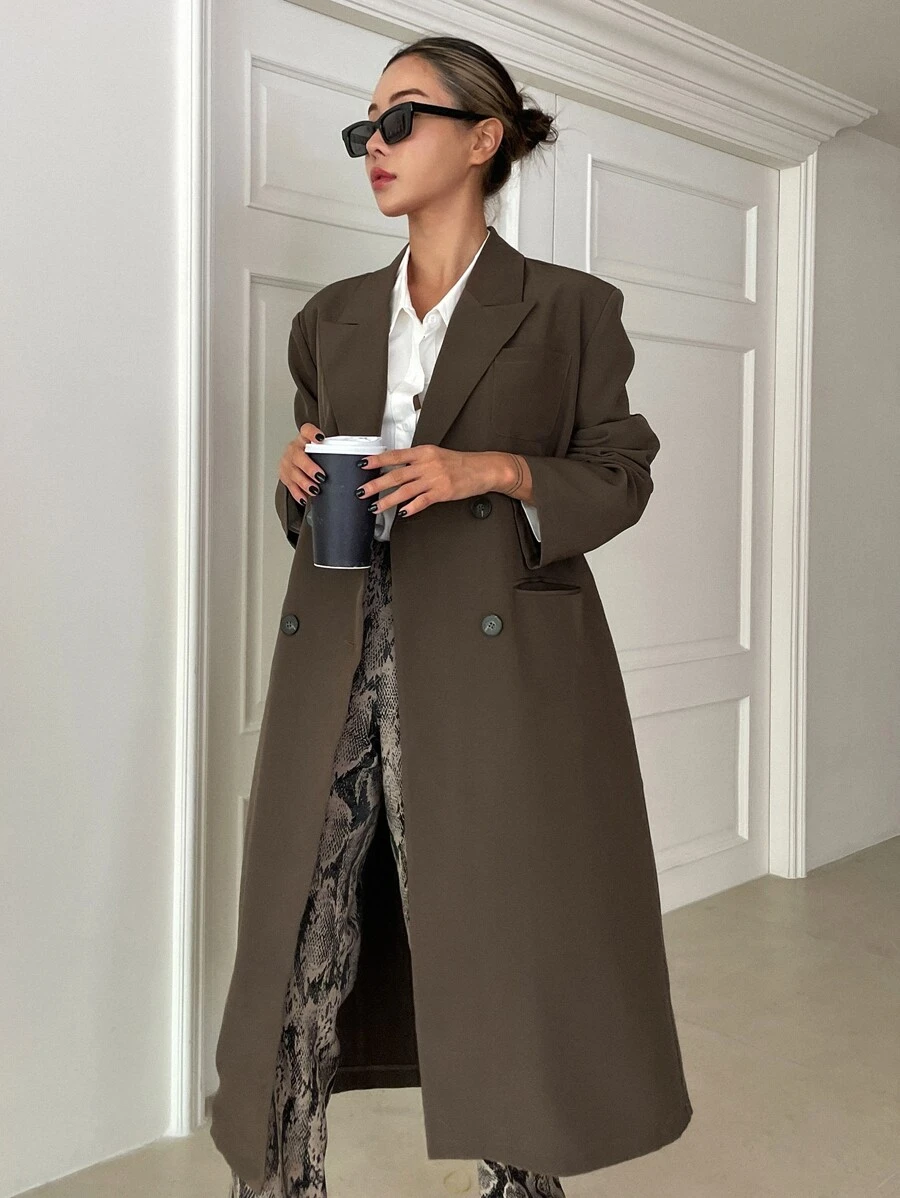 DAZY Double Breasted Lapel Neck Longline Coat,Fall Clothes Women Jacket - Chocolate Brown - View 1