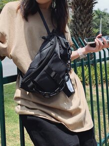Minimalist Buckle & Chain Decor Waist Bag - Black - View 1