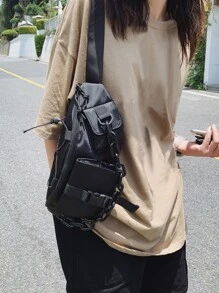 Minimalist Buckle & Chain Decor Waist Bag - Black - View 2