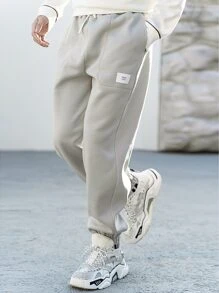 Manfinity Hypemode 男士補丁細節腰部抽繩衛褲 - 淺灰色 - 查看 1