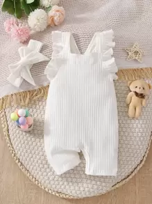 Baby Girl Ruffle Trim Romper & Headband - White - View 1