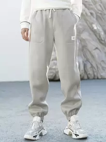 Manfinity Hypemode 男士補丁細節腰部抽繩衛褲 - 淺灰色 - 查看 3