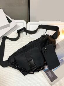 Minimalist Buckle & Chain Decor Waist Bag - Black - View 5