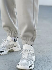 Manfinity Hypemode 男士補丁細節腰部抽繩衛褲 - 淺灰色 - 查看 5