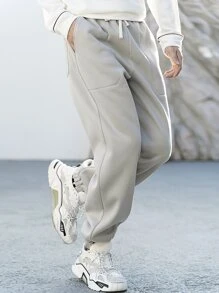 Manfinity Hypemode 男士補丁細節腰部抽繩衛褲 - 淺灰色 - 查看 6