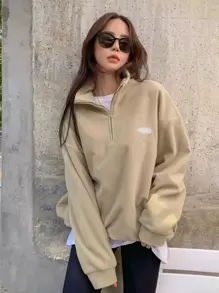 DAZY Áo chui đầu lông cừu vai trễ, viền rút chi tiết vá, quần áo mùa thu cho nữ - Màu Khaki - Xem 1