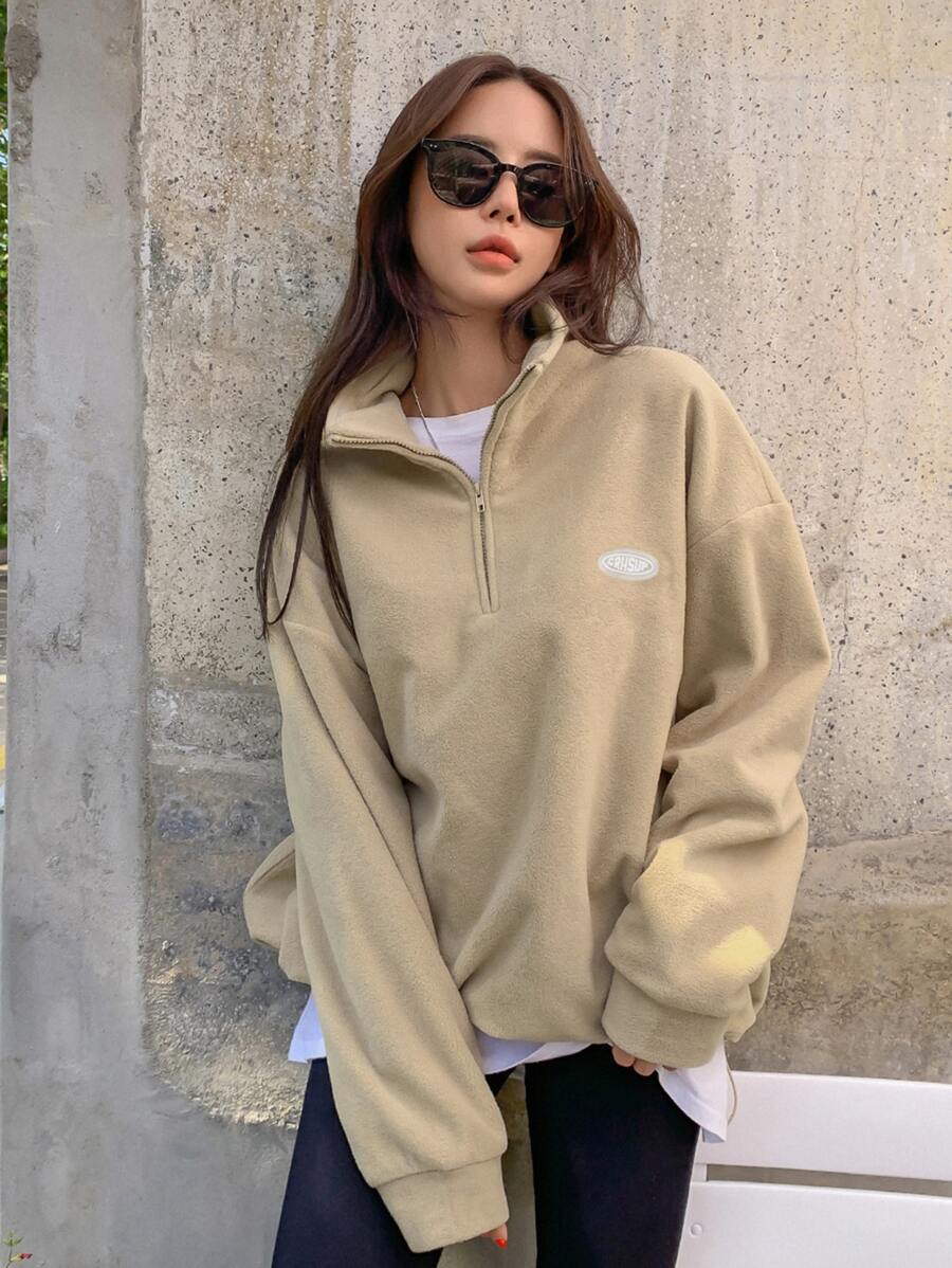DAZY Áo chui đầu lông cừu vai trễ, viền rút chi tiết vá, quần áo mùa thu cho nữ - Màu Khaki - Xem 1
