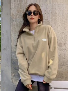 DAZY Áo chui đầu lông cừu vai trễ, viền rút chi tiết vá, quần áo mùa thu cho nữ - Màu Khaki - Xem 3