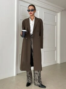 DAZY Double Breasted Lapel Neck Longline Coat,Fall Clothes Women Jacket - Chocolate Brown - View 4