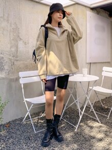 DAZY Áo chui đầu lông cừu vai trễ, viền rút chi tiết vá, quần áo mùa thu cho nữ - Màu Khaki - Xem 5