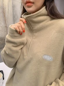 DAZY Áo chui đầu lông cừu vai trễ, viền rút chi tiết vá, quần áo mùa thu cho nữ - Màu Khaki - Xem 7