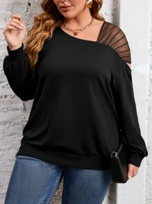 SHEIN LUNE Plus Contrast Mesh Drop Shoulder Sweatshirt - Black - View 1