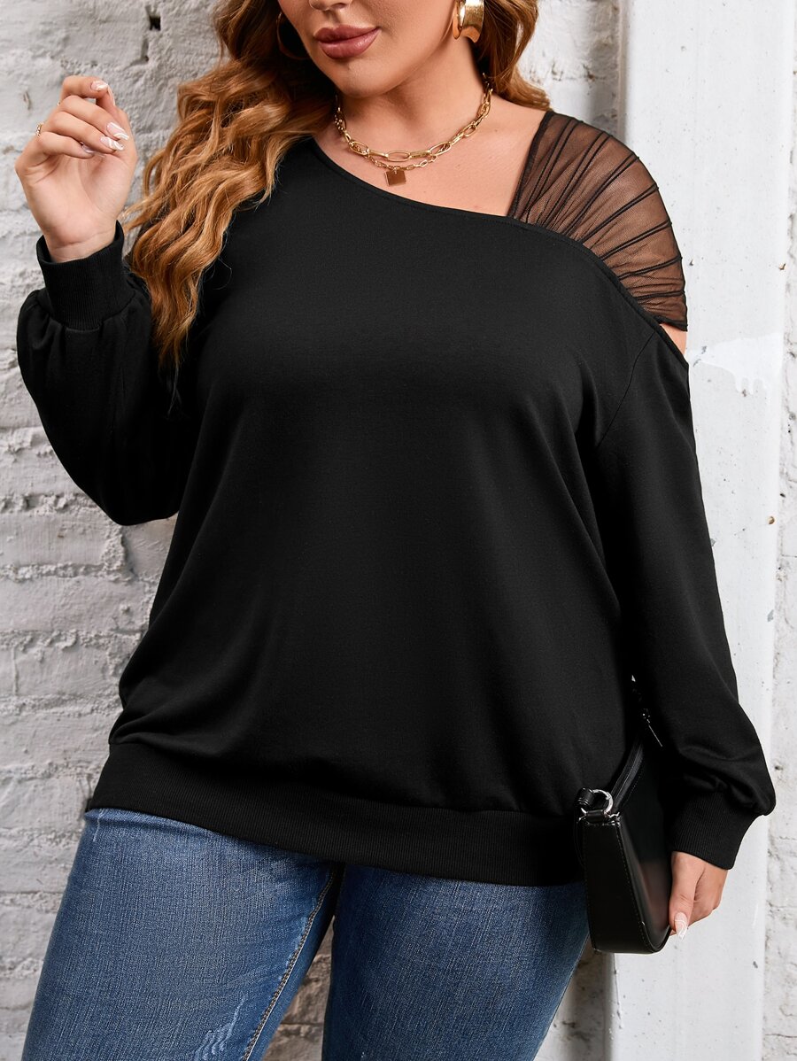 SHEIN LUNE Plus Contrast Mesh Drop Shoulder Sweatshirt - Black - View 1