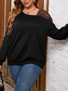 SHEIN LUNE Plus Contrast Mesh Drop Shoulder Sweatshirt - Black - View 3