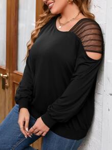 SHEIN LUNE Plus Contrast Mesh Drop Shoulder Sweatshirt - Black - View 4